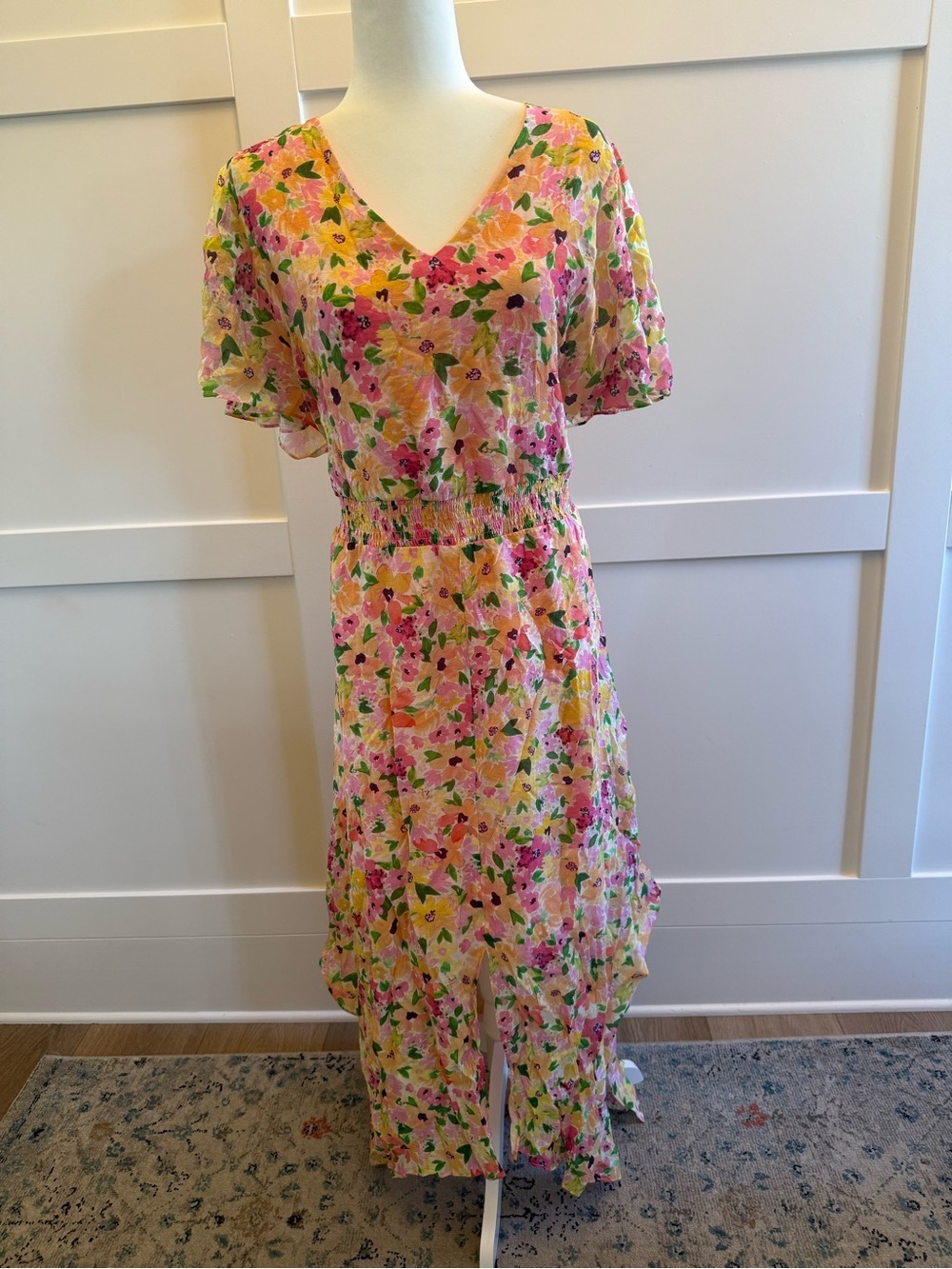 CeCe 1X Pink Floral Maxi Dress Lined Lightweight Summer Spring Asymmetrical Hem